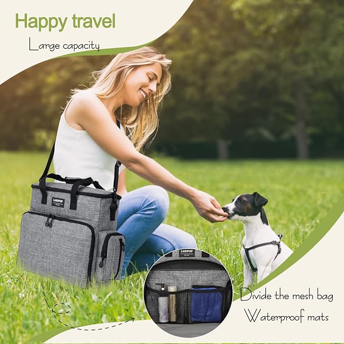 Dog Travel Bag,Weekend Pet Travel Bag Set for Dog and Cat,Airline Approved Tote Multi-Function Dog Bags for Traveling,Include 2 Collapsible Bowls,2 Food Storage Containers,1 Feeding Mat,Gray-PawvioPets