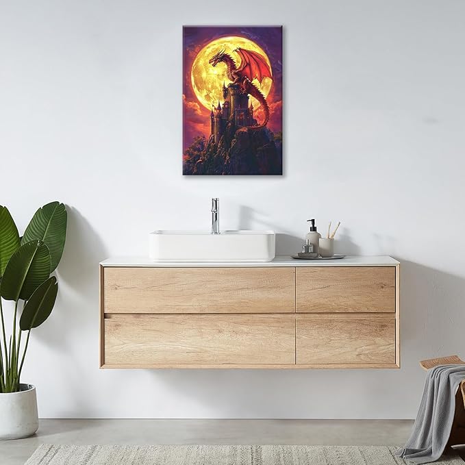 Dragon Bathroom Pictures Wall Art, Red Dragon Castle Bathroom Wall Decor, Framed Painting Canvas Artwork for Bedroom Living Room Decorations 24"L x 16"W-PawvioPets