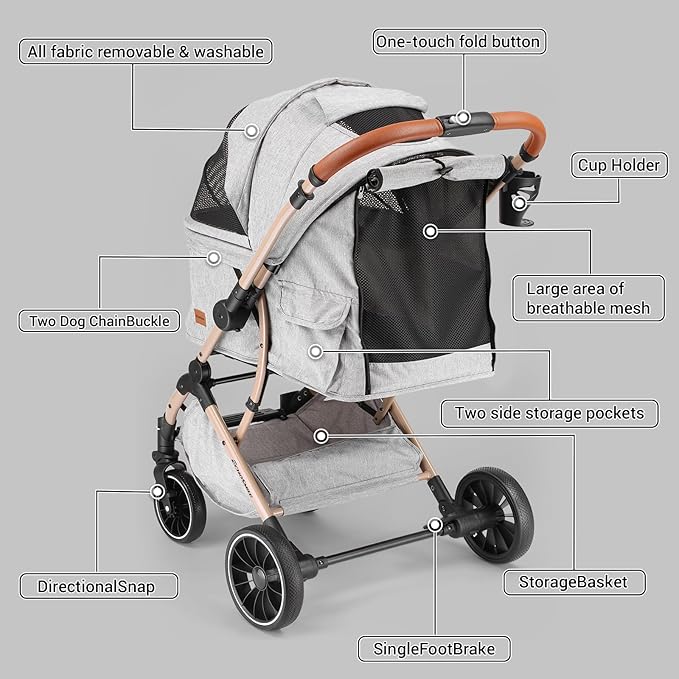 EchoSmile Small Medium Dogs Stroller 4-Wheel Pet Strollers for Medium Dogs Up to 50lbs, One Click Folding Large Cat Stroller, Reversible Handle, Shock Absorbing Wheels, Removable Washable Pad-PawvioPets