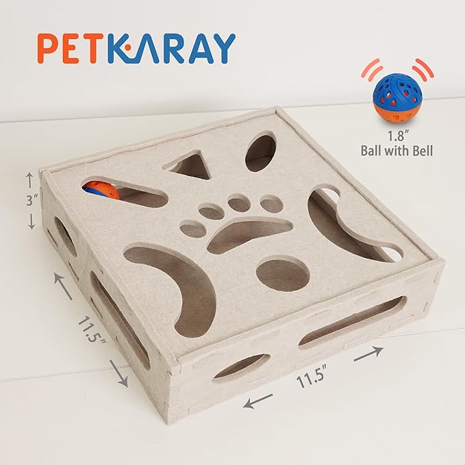 PETKARAY Felt Cat Puzzle Toy, Interactive Cat Toys for Indoor Cats, Interactive Maze for Kitten Felt Puzzle Box with Ball, Beige-PawvioPets