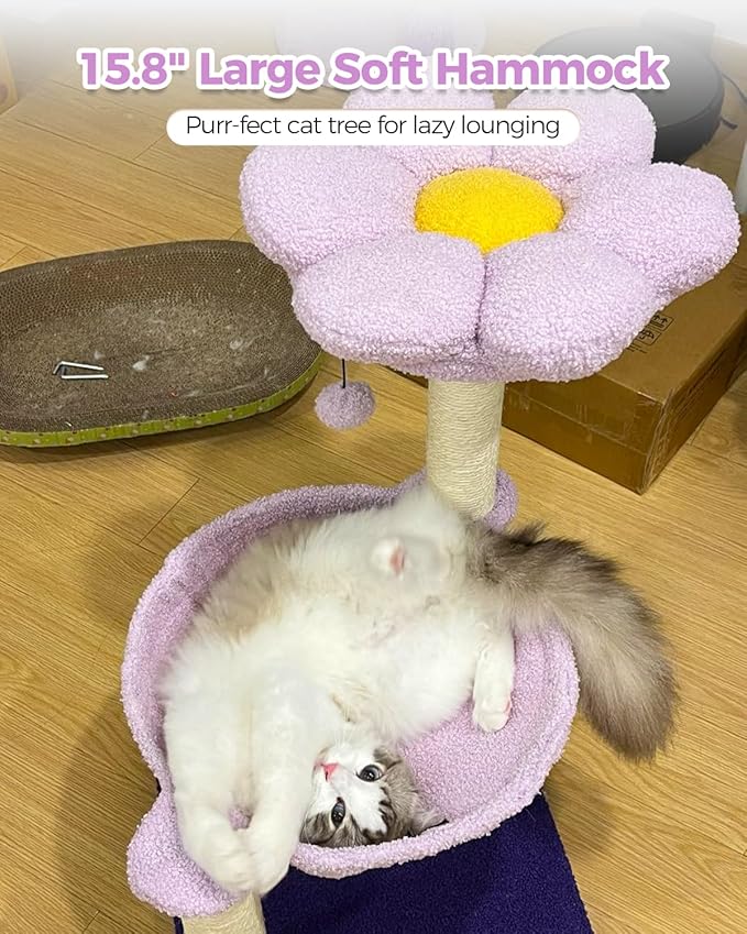 Flower Cat Scratching Post, 28" Cute Cat Tree Tower for Indoor Cats with Large Hammock Soft Perch Bed, Replaceable Toy Ball for Kittens, Purple-PawvioPets