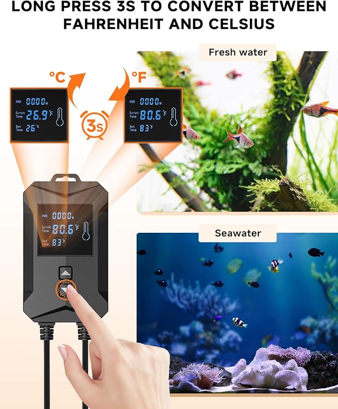AQQA Aquarium Heater,64-95°F Fast Heating Double Quartz Glass Tube Fish Tank Heater,High-definition LCD Controller Displays Real-time Power,Anti-dry and Over-temperature Protection (1200W 210-330 Gal)-PawvioPets