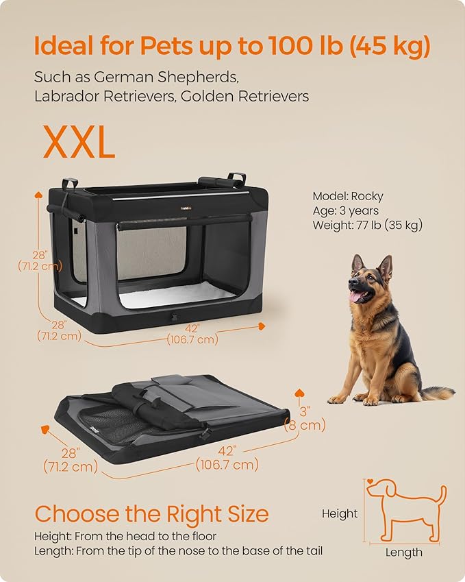 Feandrea Collapsible Dog Crate, 42-Inch Portable Dog Travel Crate for Large Dogs, Oxford Fabric Pet Carrier with 4 Mesh Doors, Handles, Storage Pocket, Water Bottle Holder, Ink Black UPDC021B01-PawvioPets