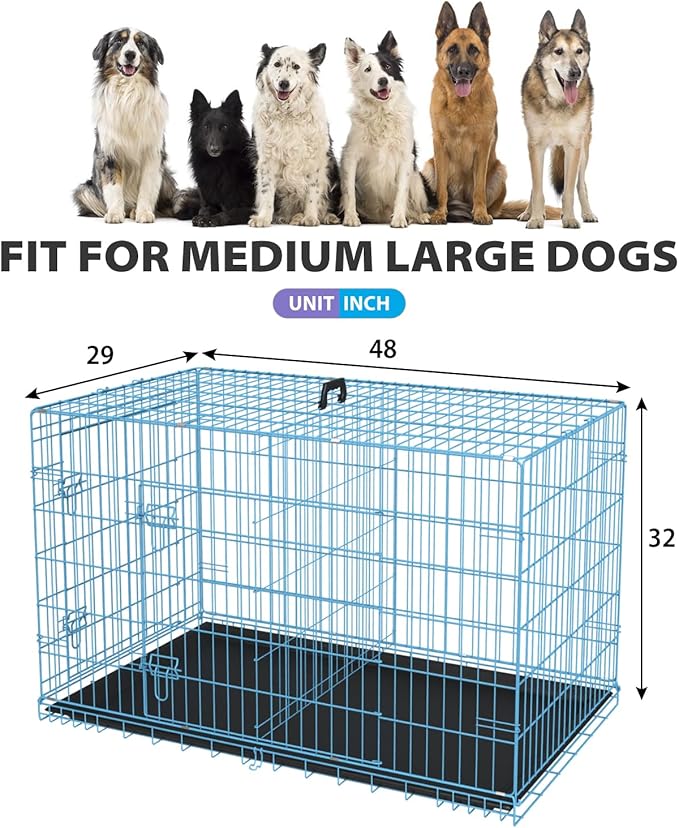 BestPet | Dog Crate | 48" | Blue | Foldable Metal Kennel with Double Doors, Secure Slide-Bolt Latches, Leakproof Tray | Portable Dog Cage for Large Breeds | for Travel, Indoor & Outdoor Use-PawvioPets