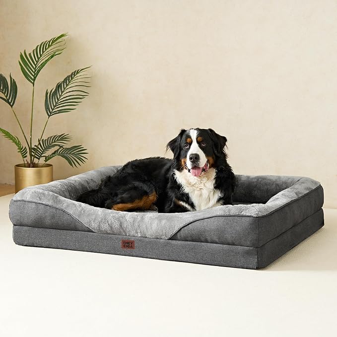 EHEYCIGA Memory Foam XL Dog Bed for XLarge Sized, Extra Large Orthopedic Dog Sofa with Sides and Waterproof Liner, Washable Bolster Pet Couch with Removable Cover, 48x35x7.5 Inch, Grey-PawvioPets