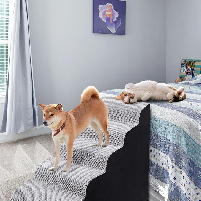 Dog Stairs&Steps for High Beds Up to 28'', 5-Step Dog Ramp for Small Medium Dogs with Washable Cover, Pet Steps for Cats to Get on Couch and Sofa, Durable Foam Ladders, 24.4" Tall, Grey-PawvioPets