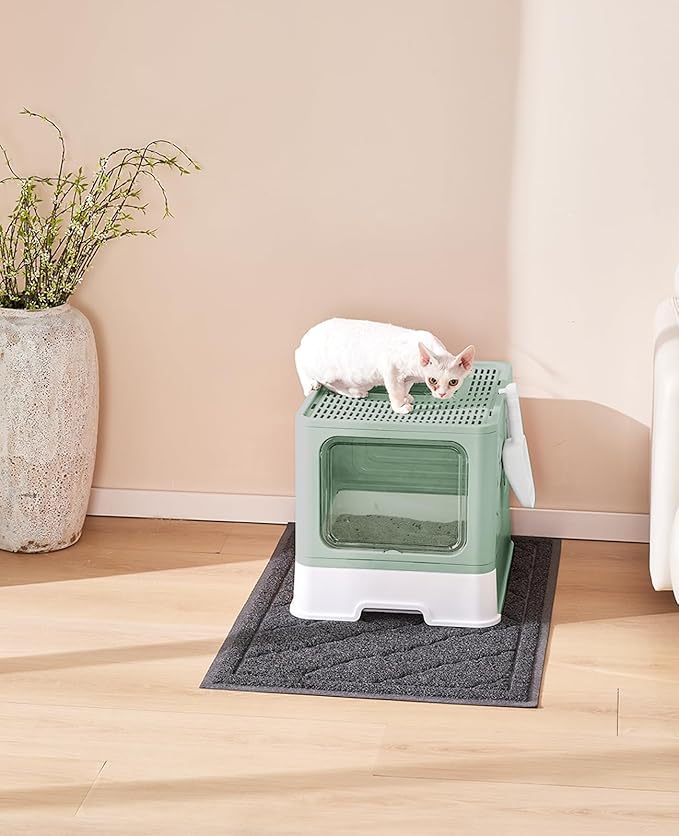 Cat Litter Box with X-Large Litter Mat and Scoop, Large Foldable Litter Box with Lid, Enclosed Kitty Box,Front Top Entry Exit, Odor Control Easy to Clean (Upgrade Green)-PawvioPets