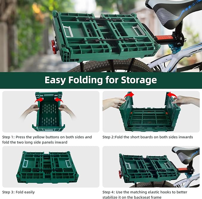 Foldable Large Green Plastic Bicycle Rear Basket with Cargo Net and Waterproof Cover Net for Shopping Outings, Pets, School, Picnics or Outdoor Activities, Easy to Install on Rack Mount-PawvioPets