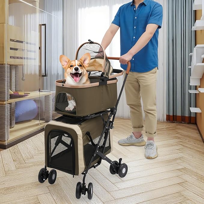 2-Layers Pet Stroller for 2 Cats/Dogs,Foldable Lightweight 77lbs Capacity Carrier, 4 Wheels, Removable Basket & Storage Pocket,for Small Pets (Green)-PawvioPets