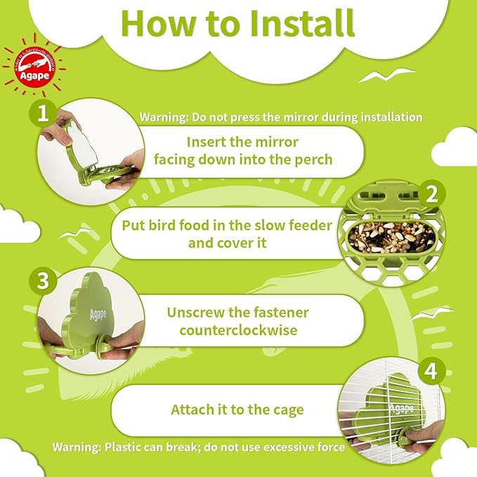 Agape Bird Mirror with Perch&Slow Feeder, Birds Toys for Boredom&Anxiety, Bird Cage Accessories for Parrots to Expend Energy, Interactive Toys for Parakeet, Cockatiel, Lovebird, Conure, Finch, Budgies-PawvioPets