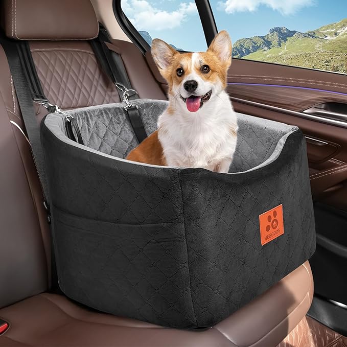 Dog Car Seat for Small Medium Dogs, Memory Foam Booster Car Seat for Dogs up to 35 lbs, Elevated Pet Car Seat with Washable Removable Cover and Storage Pockets (Black/Gray)-PawvioPets