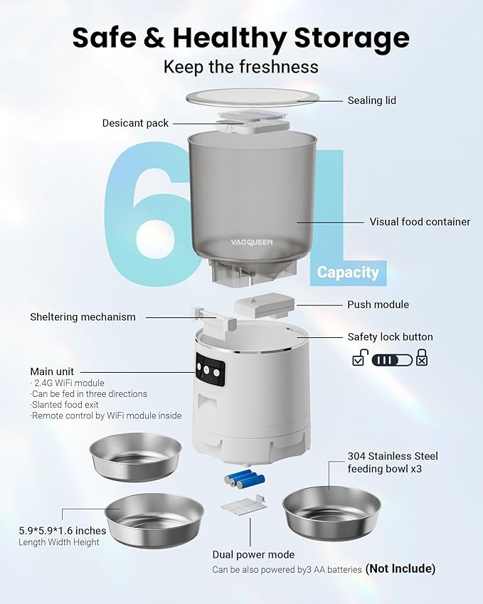 Automatic Cat Feeder for 3 Cats, 6L/25 Cups Smart WiFi Pet Feeder, Strong Anti-Jam System, Dual-Effect Desiccant Cat Food Dispenser, with 10S Voice Recorder for Cats and Small Dog(White)-PawvioPets