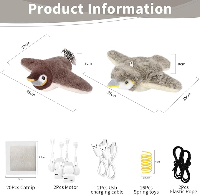 2 PCS Cat Toys, Flapping Bird Cat Toy(No Flying), Interactive Catnip Toy with Catnip Bags, Chirping Noise Moving Wings Dog Cat Kitten Toys, Flappy Flying Pets Toy for Indoor(Brown&Gray Sparrow)-PawvioPets