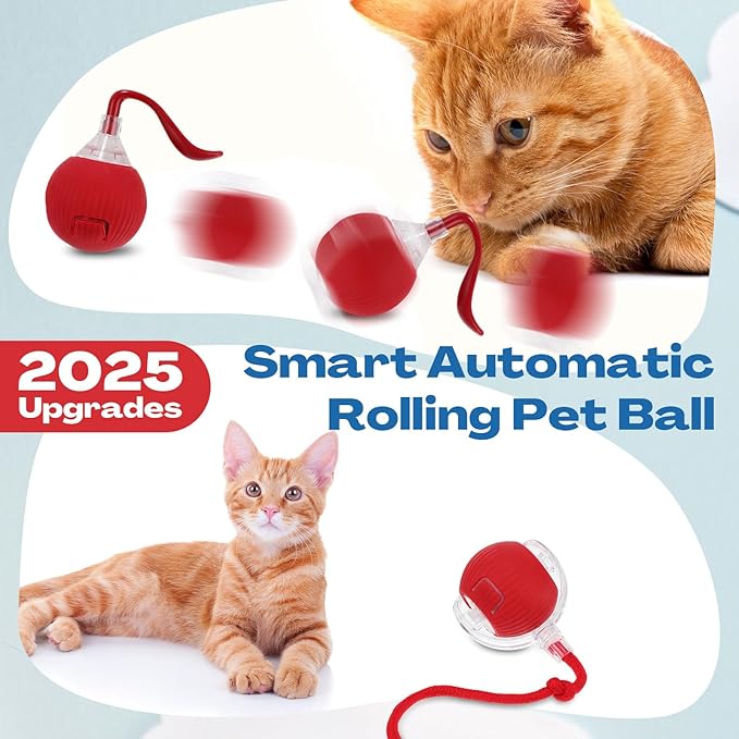 2 Pcs Interactive Rolling Cat Dog Toy Ball, Electric Cat Ball Toy Smart Automatic Self Rolling Dog Ball Toys, 360° Smart Rolling Ball Toy Electric Balls for Dog Cat (Red)-PawvioPets