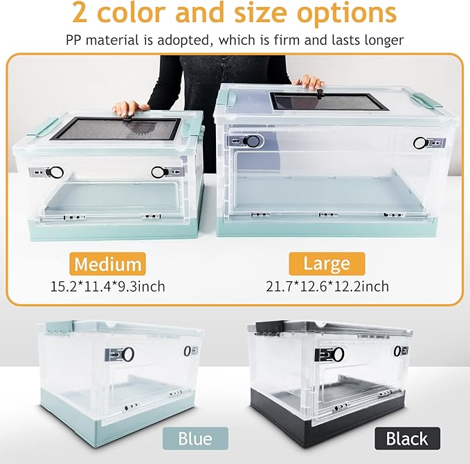 Foldable Reptile Terrariums Kits with Plant, Feeding Bowl, Carpet, Easy to Carry, Easy to Move with Wheels, Heat-Resistant Material, Suitable for Lizard Tortoise Leopard Gecko (Black)-PawvioPets