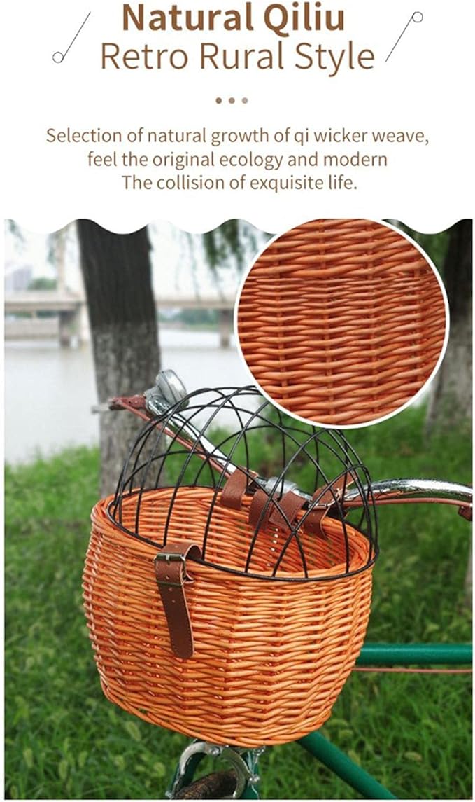 Bike Pet Basket, Wicker Bike Basket for Small Dogs Cats Pet Carrier Front Basket with Wire Mesh Cover and Lid, Wicker Basket for Dogs and Cats, Rattan Storage Basket, 11.81 * 9.84 inch (B)-PawvioPets