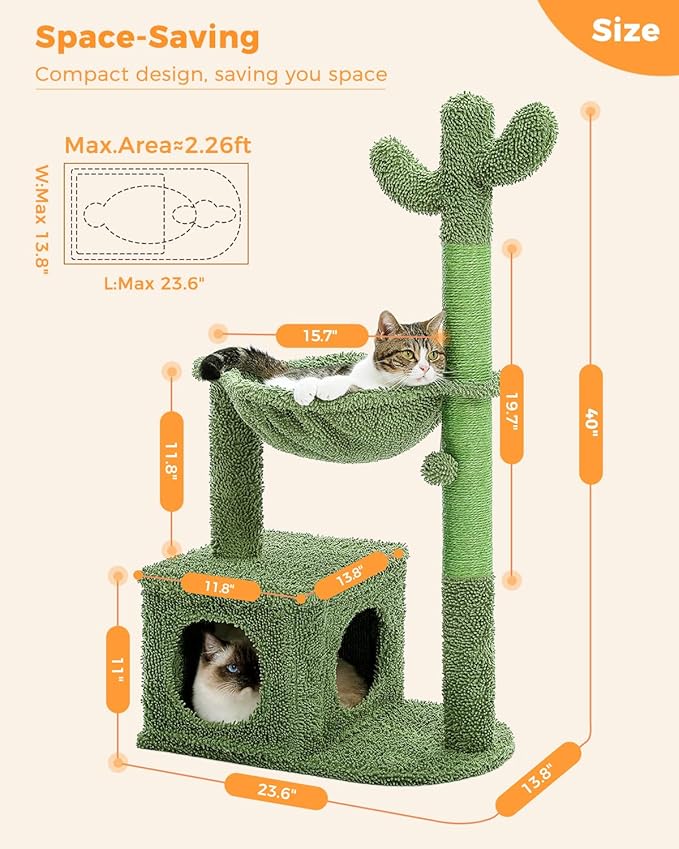 Cactus Cat Tree 40" Cat Tower with Large Metal Carpet Hammock, Cat Scratching Post for Indoor Cats with Condo & Replaceable Toy Ball, Green-PawvioPets