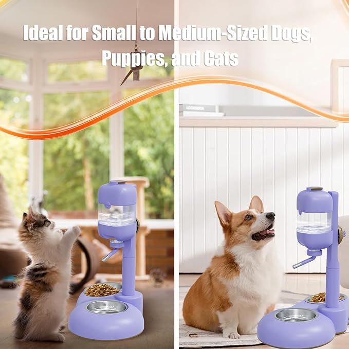 Dog Bowls with Puppy Weaning Bottles,3 in 1 Bowl Set with Water Dispenser and 2 Food Grade Stainless Steel Dog Bowls,15°Tilted Cat Food and Water Bowl Set for Cats,Bunnies,Ferrets-PawvioPets