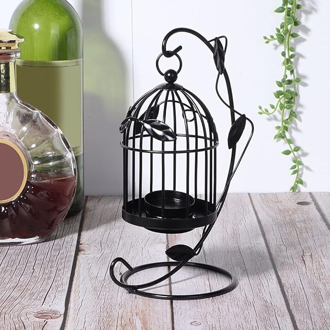 Birdcage Candle Holder, Hanging Candle Holder Decorative Bird Cages Bird Cage Decor Vintage Metal Candlestick for Wedding, Party(Black)-PawvioPets
