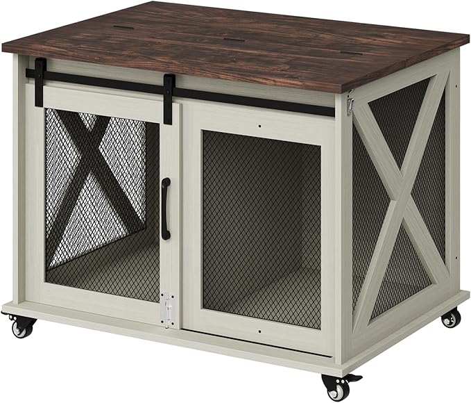 Dog Crate Furniture,37 Inch Indoor Dog Cage with Sliding Barn Door, Flip Top Dog Kennel End Table with Removable Divider, Farmhouse Wooden Pet House for Small to Middle Size Dogs-PawvioPets