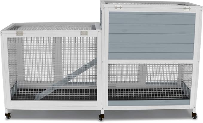 GDLF Two Floors 58" Wooden Indoor Bunny Hutch Rabbit Cage on Wheels Guinea Pig PET House for Small to Medium Animals Waterproof No Leak Tray-PawvioPets