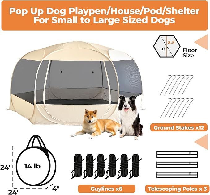 EighteenTek XXLarge Popup Portable Dog Houses, 10'x4.8'H Assembly-Free Gazebo-Style Dog Cot Cat Playpen Screen Pet Tent Sun Shade Shelter Dog Bed with Canopy for Outdoor Anti-Bugs with Leakproof Floor-PawvioPets