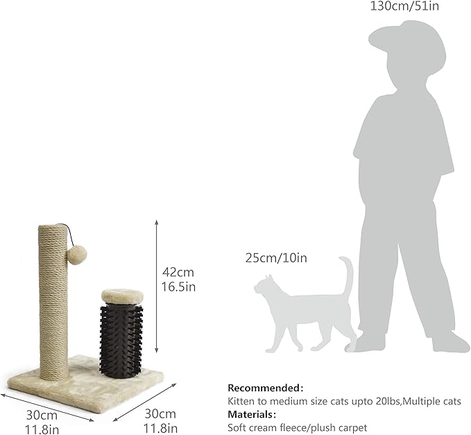 Amazon Basics Cat Scratcher - Indoor Classic Single Cat & Kittens Scratching Post with Brush, Small (16.5" H) - Beige-PawvioPets
