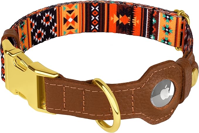 AirTag Dog Collar for Small Medium Large Breed - Adjustable Cute Pattern Dog Collar with Airtag Holder - Soft Leather Tracker GPS Apple Air Tag Pet Collars (Medium, 14"-18" Neck Fit, Western)-PawvioPets