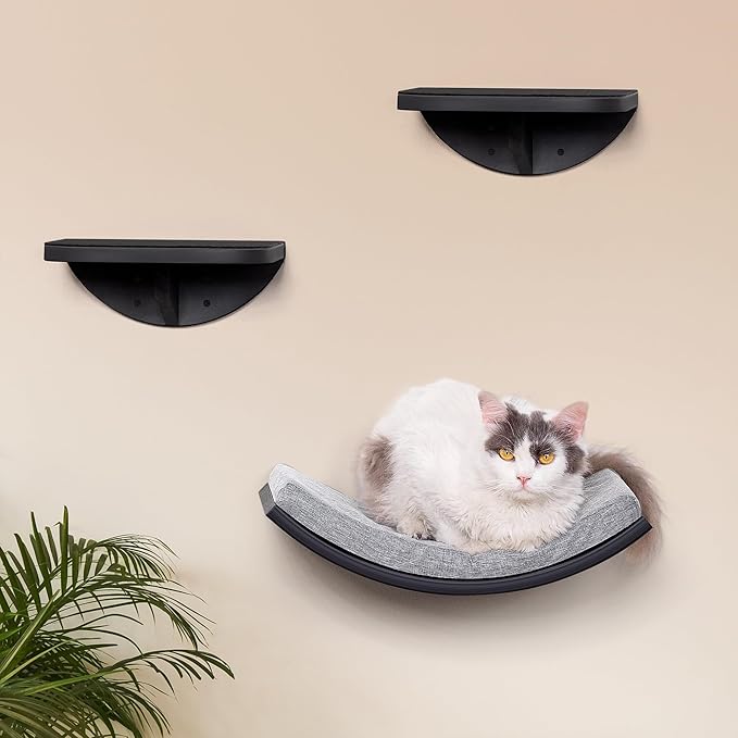 Curved Cat Wall Hammock Bed with Grey Foam Cushion – Floating Cat Wall Shelf Nest for Climbing, Sleeping & Lounging-PawvioPets