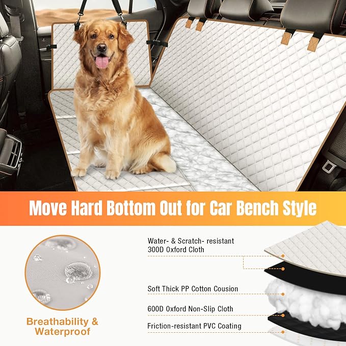 Dog Car Seat Cover for Back Seat, Dog Car Bed Cover with Strong Hard Bottom, Car Back Seat Extender Hammock for Car SUV Truck 4 Panels Beige Color-PawvioPets