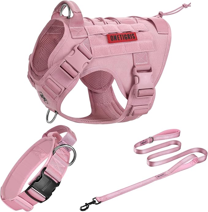 OneTigris Pink Dog Harness Leash Collar Set,Adjustable Dog Vest Harness for Walking Hiking Training(Medium)-PawvioPets