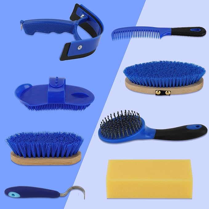 9 Pieces Grooming Kit with Tote Bag - Horse Brush Set, Sweat Scraper, Sponge, Hoof Pick, Curry Comb for Riders and Beginners (Blue)-PawvioPets