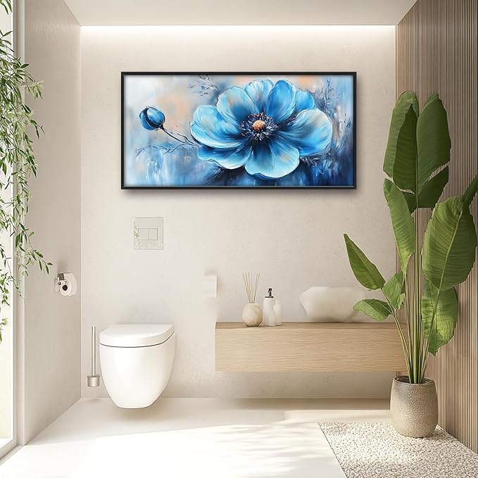 Extra Large Abstract Blue Flower Framed Wall Art for Living Room,Oversized Elegant Floral Pictures Wall Decor,Canvas Print Painting Modern Artwork Bedroom Office Bathroom 60L" x 30W"-PawvioPets