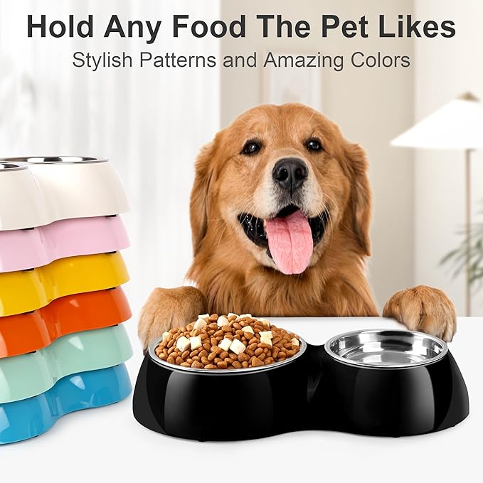 Double Dog Bowls Set – Non-Slip Pet Food & Water Dishes with Resin Stand, Includes Small (1 Cup) & Medium (2 Cups) Bowls – Ideal for Puppies, Cats, and Medium Dogs –Black-PawvioPets