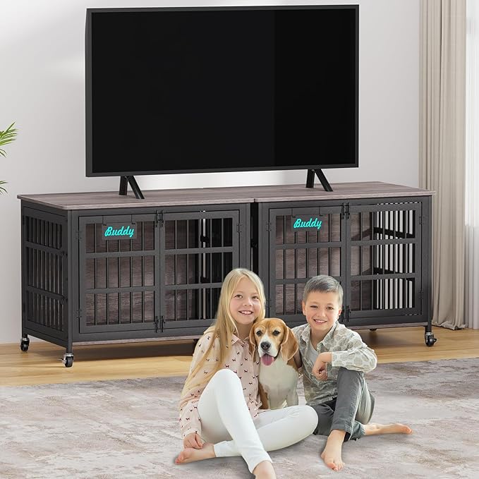 EasyCom 41"/33"/27" Dog Crate Furniture with Name Tag, Heavy Duty Dog Kennel Indoor for Medium Dogs, Double-Doors Sturdy Metal Dog Cage for Anxiety Dog, Decorate House as TV Stand, End Table-PawvioPets