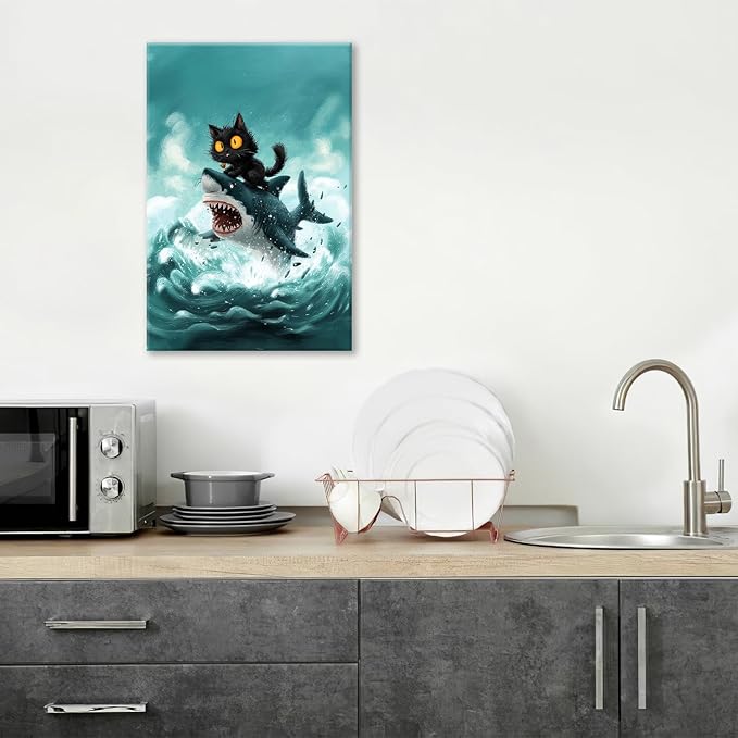 Funny Black Cat Bathroom Wall Art Cute Cat Riding Shark Canvas Wall Decor Animal Kitten Pictures Painting Print Artwork Framed Decorations Gifts for Cat Lover Kids Room Bedroom 16"x24"-PawvioPets
