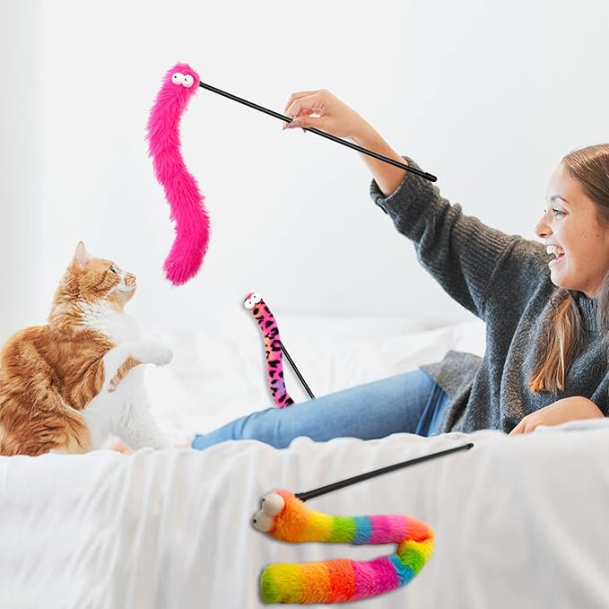 3 Pack Cat Wand Toy, Rainbow Cat Feather Toys with Bells, Teaser Wand with Soft Furry Tail, Interactive Toys for Indoor Cats & Kitten & Kitty-PawvioPets