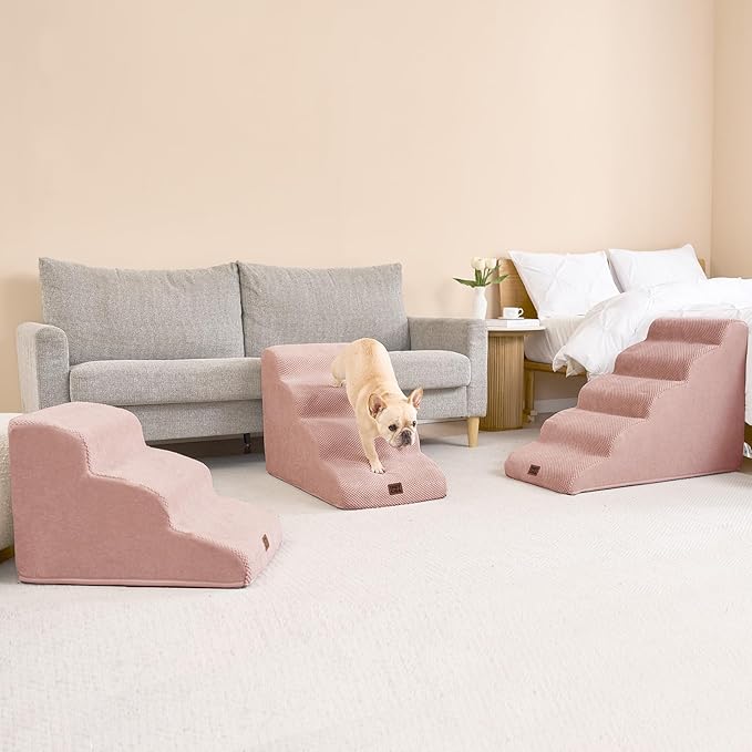 EHEYCIGA Curved Dog Stairs Ramp for Small Dogs 15.7" H, 3-Step Dog Steps for Couch Sofa and Chair, Pet Stairs for Cats, Non-Slip Balanced Pet Steps Indoor, Dusty Pink-PawvioPets