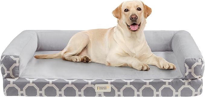 Friends Forever Harper Memory Foam Orthopedic Dog Bed, Calming Couch For Indoor Pet With Bolster, Machine Washable Extra Soft Faux Suede Removable Cover, Plush Crate Mat, 44x34x10", Grey-PawvioPets