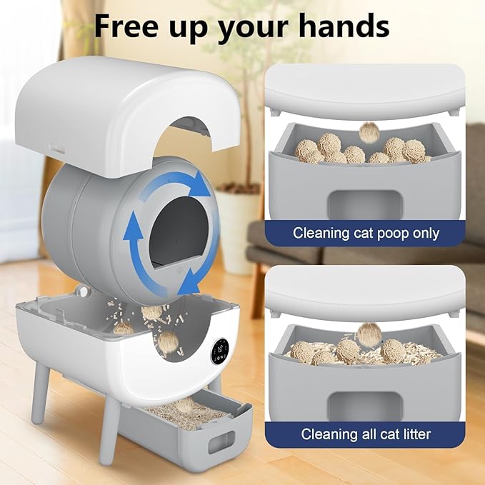 Cumrige Self Cleaning Litter Box, Large Capacity Automatic Cat Litter Box Self Cleaning for Cats, App Control,Safety Protection, 2 Roll Garbage Bags,White & Grey-PawvioPets