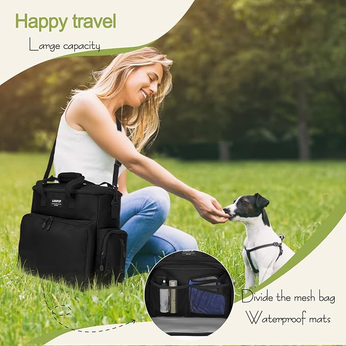 Dog Travel Bag,Weekend Pet Travel Bag Set for Dog and Cat,Airline Approved Tote Multi-Function Dog Bags for Traveling,Include 2 Collapsible Bowls,2 Food Storage Containers,1 Feeding Mat,Black-PawvioPets