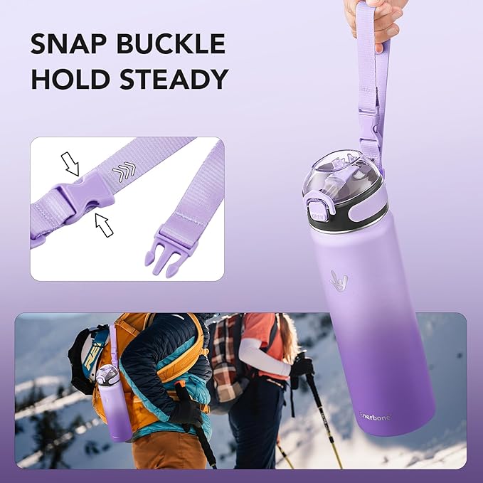 Enerbone 24 oz Insulated Water Bottle, Stainless Steel Bottle with Carrying Strap, Double-Wall Vacuum Insulation Design, Leakproof Sports Bottle with Straw, Keep Drinks Cold or Hot for Hours-PawvioPets