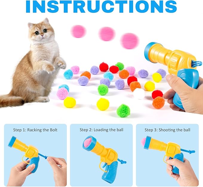 102Pcs Cat Toy Gun Launcher - 100 Sparkle Pom Pom Balls and 2 Ball Launchers, Interactive Fetch Toy Shooter for Indoor Cats and Kitty-PawvioPets