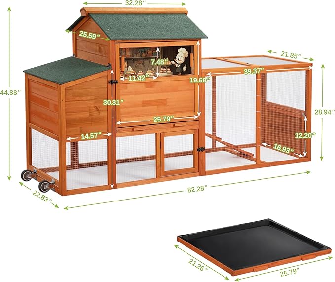 COZIWOW 82" Large Wooden Chicken Coop, Outdoor Rabbit Hutch with Wheels, Sunshine Board, Asphalt Roof, Ramp, Openable Top, Door, Window, Pull-Out Tray, Indoor Bunny Cage (Orange with Pattern)-PawvioPets