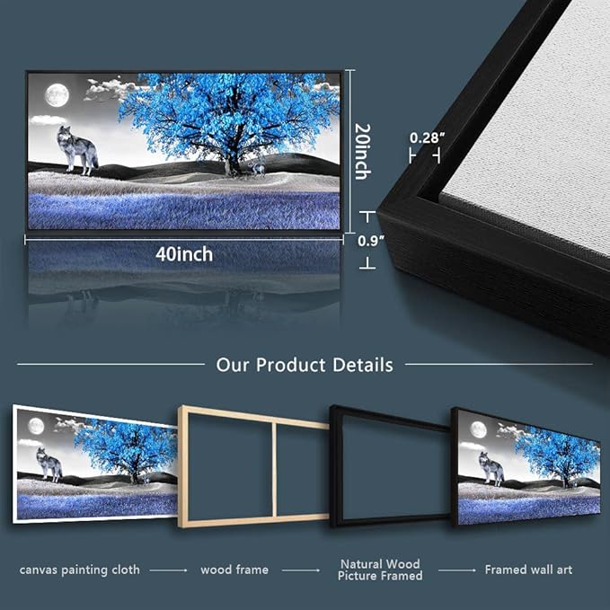 Framed Canvas Wall Art For Living Room Family Wall Decorations For Bedroom Modern Office Wall Decor Paintings Blue Tree Landscape Pictures Artwork Canvas Art Prints Home Decor Black Frame 20" X 40"-PawvioPets