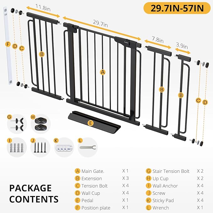 Cumbor 29.7-57" Extra Wide Baby Gate for Stairs, Mom's Choice Awards Winner-Dog Gate for Doorways, Pressure Mounted Walk Through Safety Child Gate for Kids Toddler, Tall Pet Puppy Fence Gate, Black-PawvioPets