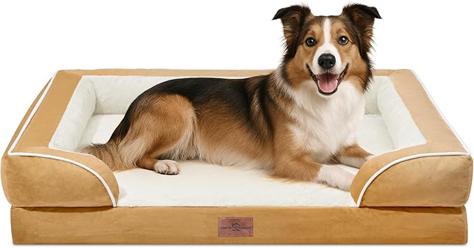 Comfort Expression Large Dog Beds Waterproof Orthopedic Foam Dog Sofa Beds Comfy Pet Bed with Washable Removable Cover & Non-Slip Bottom(Large,Khaki)-PawvioPets