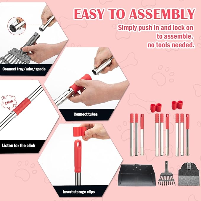 Dog Pooper Scooper Set, Pooper Scooper for Dog, Heavy Duty Stainless Steel Rake with Extra Large Tray & Spade No Bending Clean Up for Pet Waste Removal, for Grass, Dirt Or Gravel.-PawvioPets