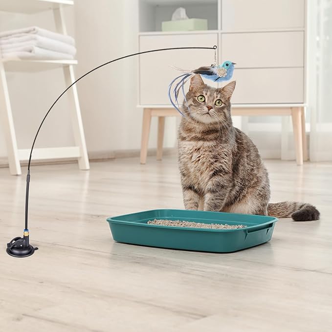 Cat Feather Toys, 10PCS Toys with Super Suction Cup, 2PCS Detachable Wand & 6PCS Replacement Teaser Refills, Interactive Indoor Cat Play-PawvioPets