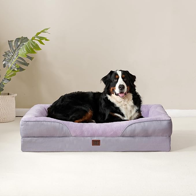 EHEYCIGA Memory Foam XXL Dog Bed for XLarge Sized, Extra Large Orthopedic Dog Sofa with Sides and Waterproof Liner, Washable Bolster Pet Couch with Removable Cover, 52x41x8 Inch, Purple-PawvioPets